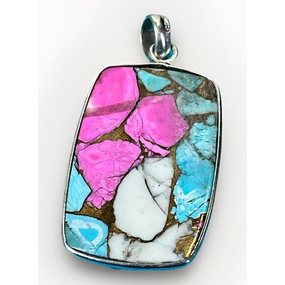 925 Sterling Silver COTTON CANDY Turquoise Cabochon Pendant Handmade Southwest - Picture 6 of 12